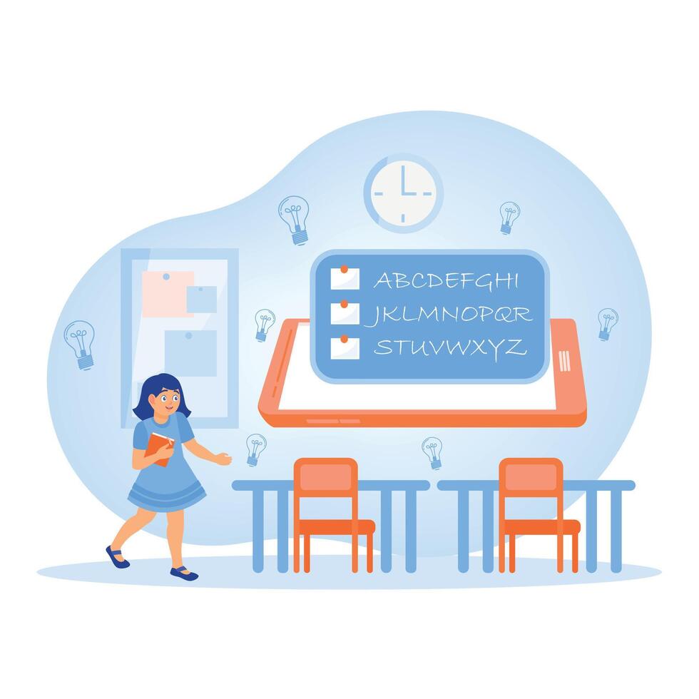 Online classes for kindergarten. Child students studying online on the phone screen. Online Education concept. Flat illustration. vector
