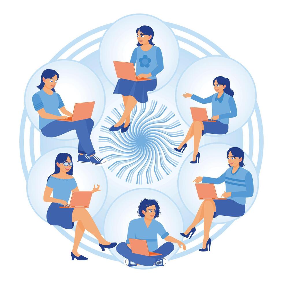 A group of people work using laptops. Male and female employees working remotely. Remote Work Online concept. Flat illustration. vector