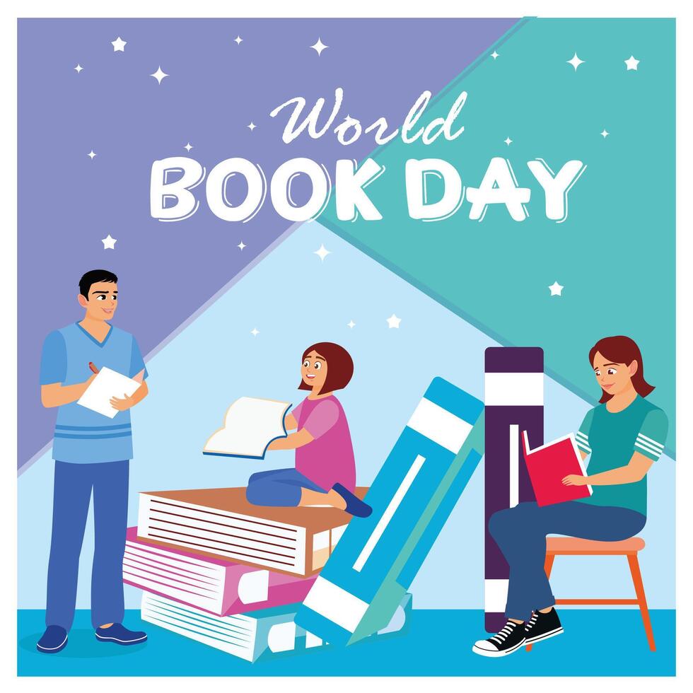 People are reading books. Father and mother reading book with daughter. Happy Book Day concept. Flat illustration. vector