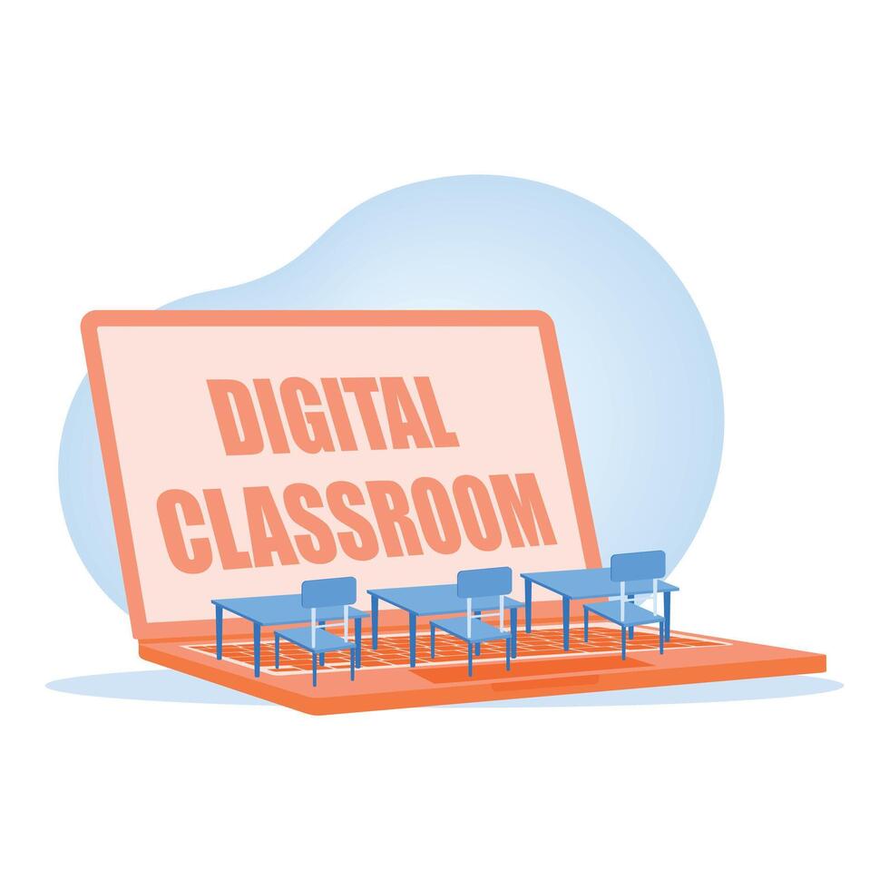 Digital classroom for distance learning. Modern classroom desk over laptop keyboard. Online Education concept. Flat illustration. vector