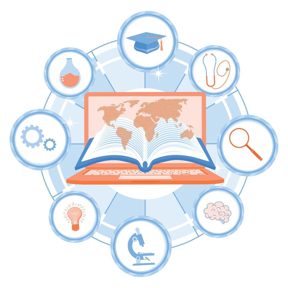 Computer with education icon. Online educational technology. E-learning concept. Flat illustration. vector