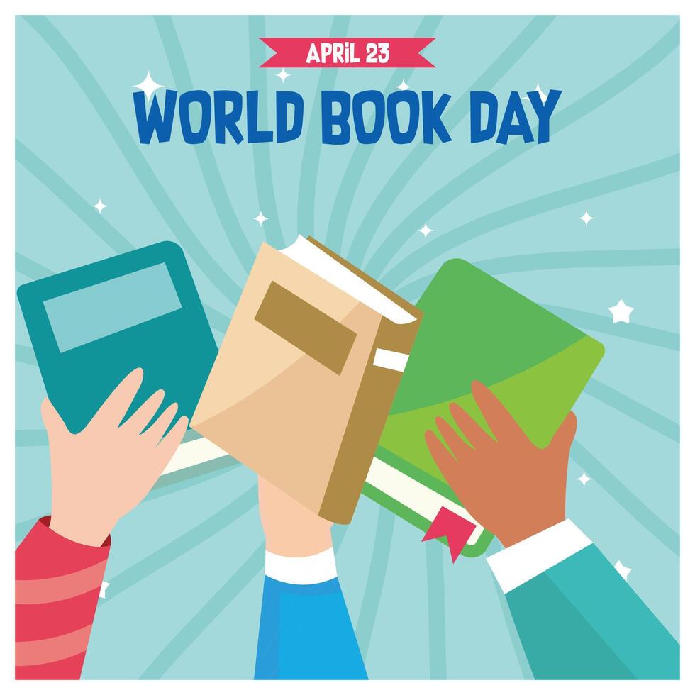 Three different hands holding books. Celebration of World Book Day. Happy Book Day concept. Flat illustration. vector