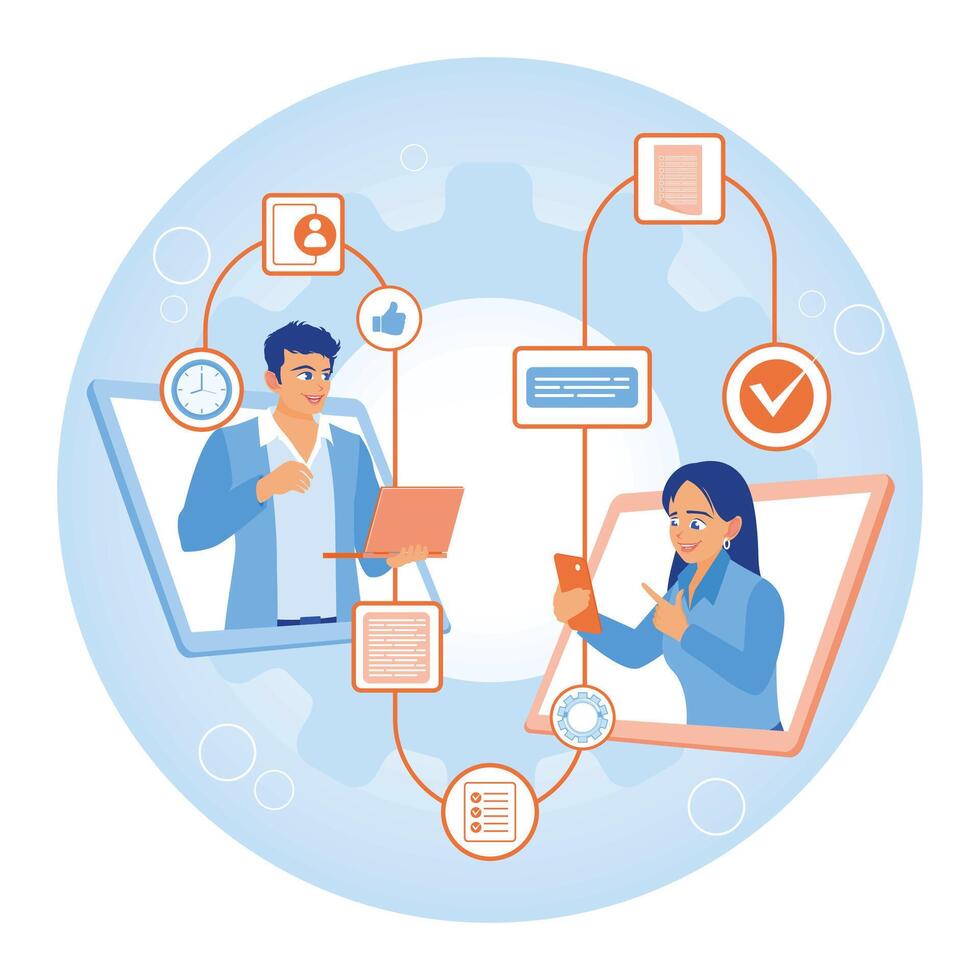 Managers provide tasks and feedback on projects to employees. Remote workflow. Remote Work Online concept. Flat illustration. vector