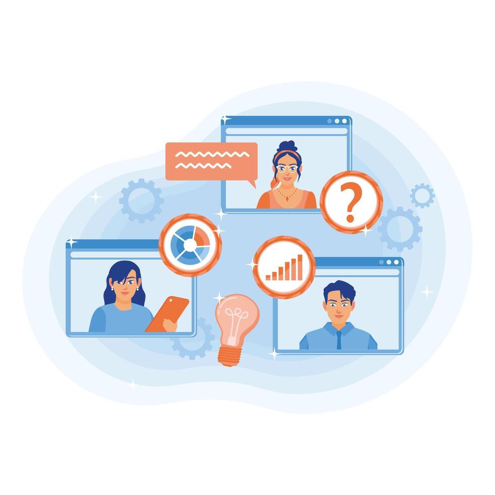 Online meetings between company employees. Business team communicating via conference. Remote Work Online concept. Flat illustration. vector