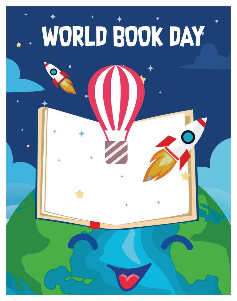Open book on the globe with astronomy icons. Blue sky background. Happy Book Day concept. Flat illustration. vector