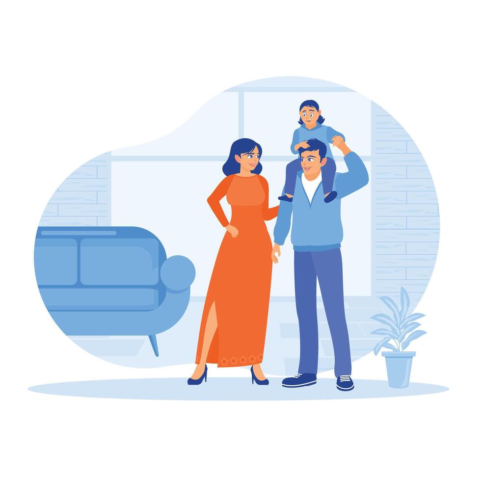 Happy families raise children with pleasure. Father and mother playing with a child at home. Maternity and paternity leave concept. Flat illustration. vector