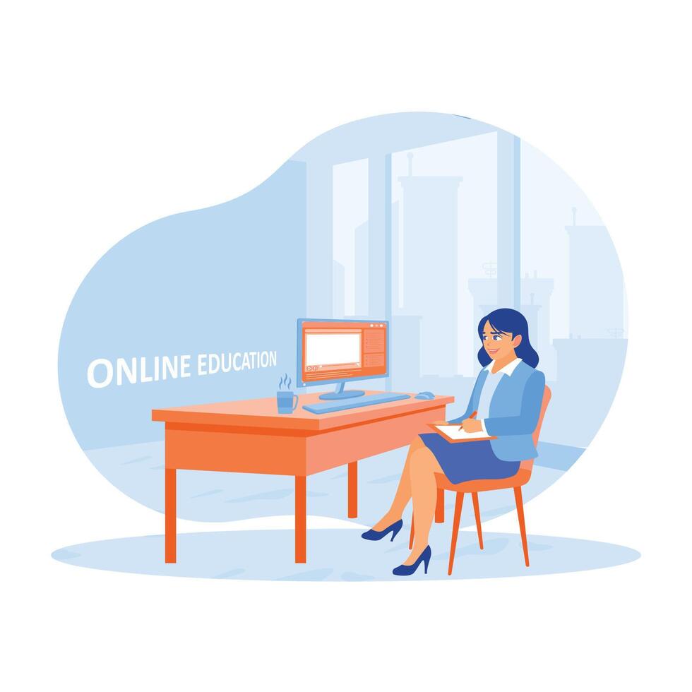 A young woman is working at the computer and taking notes in a notebook. Woman sitting on a chair indoors. Online Education concept. Flat illustration. vector