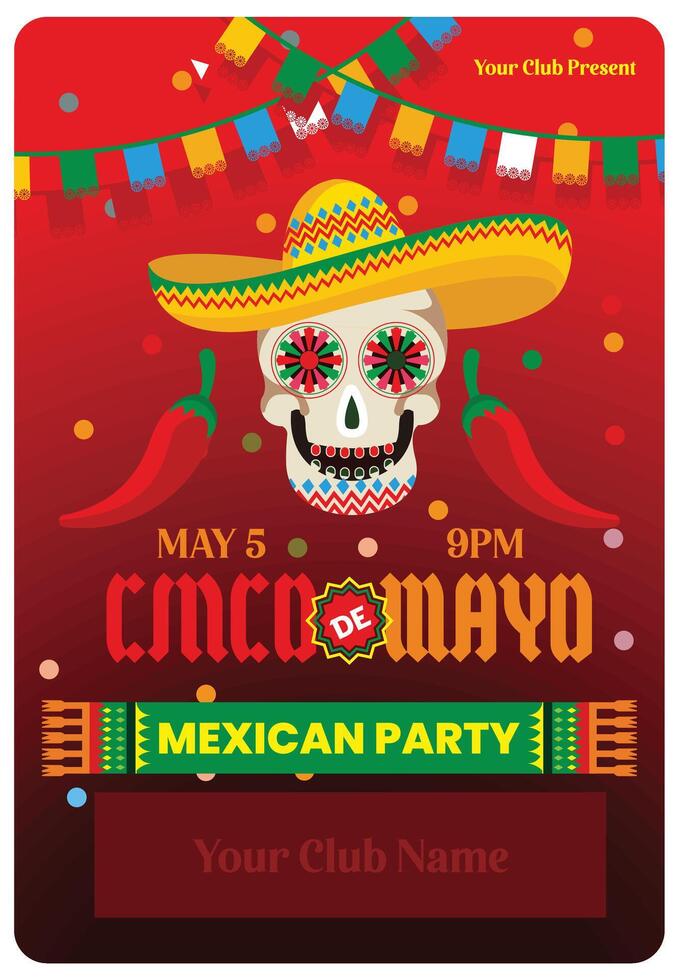 Skull in sombrero and red peppers. Cinco de Mayo celebration with paper flags. Cinco de Mayo concept. Flat illustration. vector