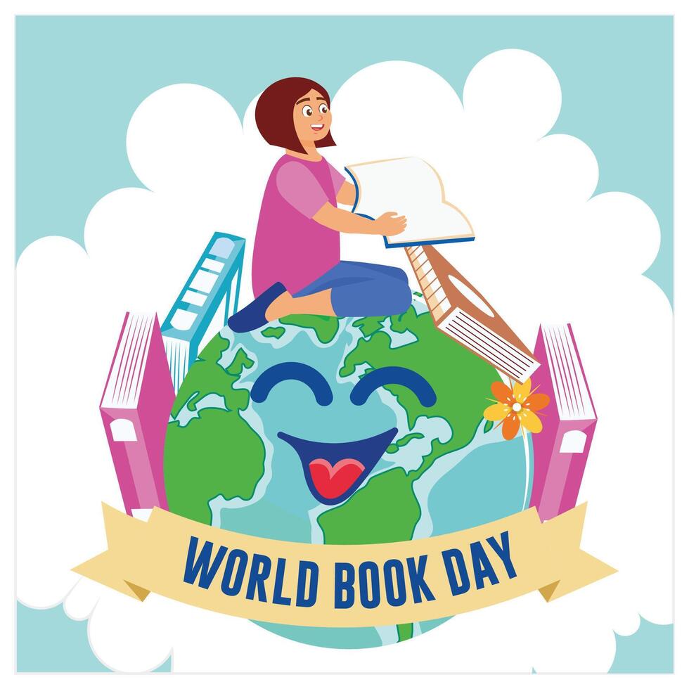 A girl sits on a globe with colorful books. White clouds background. World Book Day concept. Flat illustration. vector