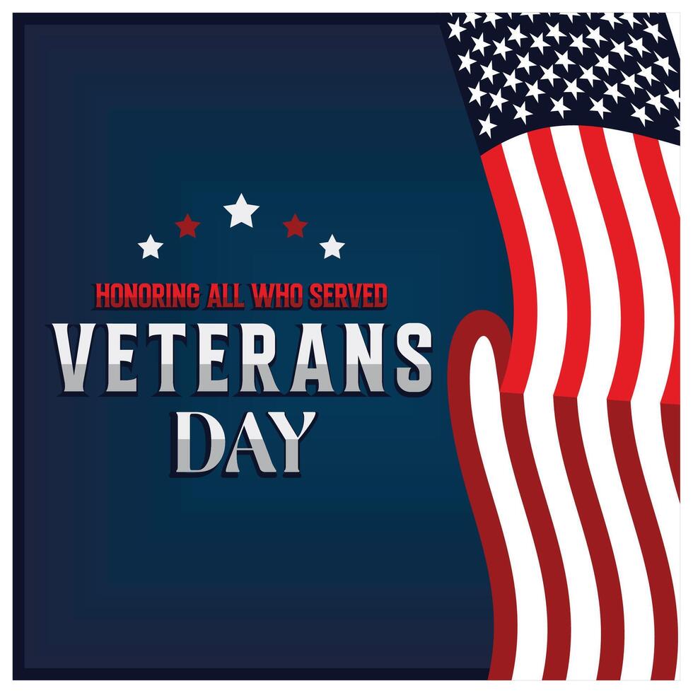 Veterans Day with an American flag. Text on blue background. Memorial Day concept. Flat illustration. vector