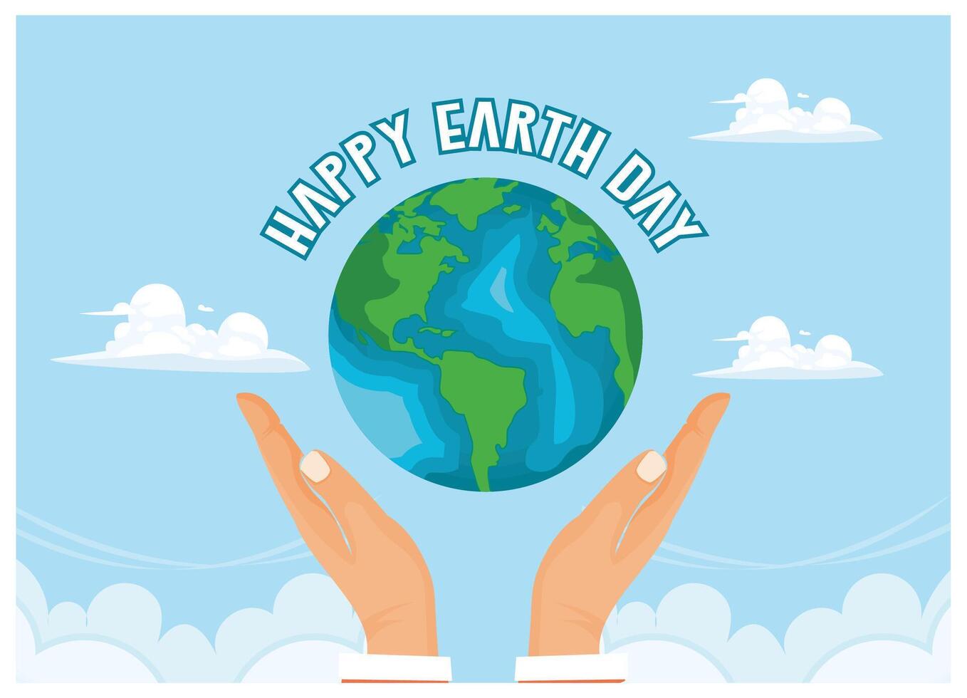 A person's hand holding a globe. Clouds and blue sky in the background. Earth Day concept. Flat illustration. vector