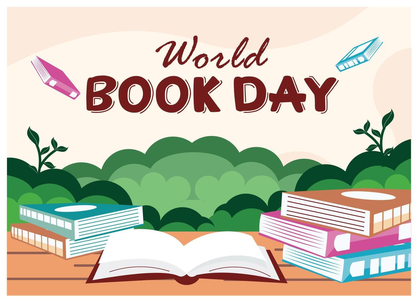 World Book Day celebration with colorful books. Stack of books on a wooden board. World Book Day concept. Flat illustration. vector
