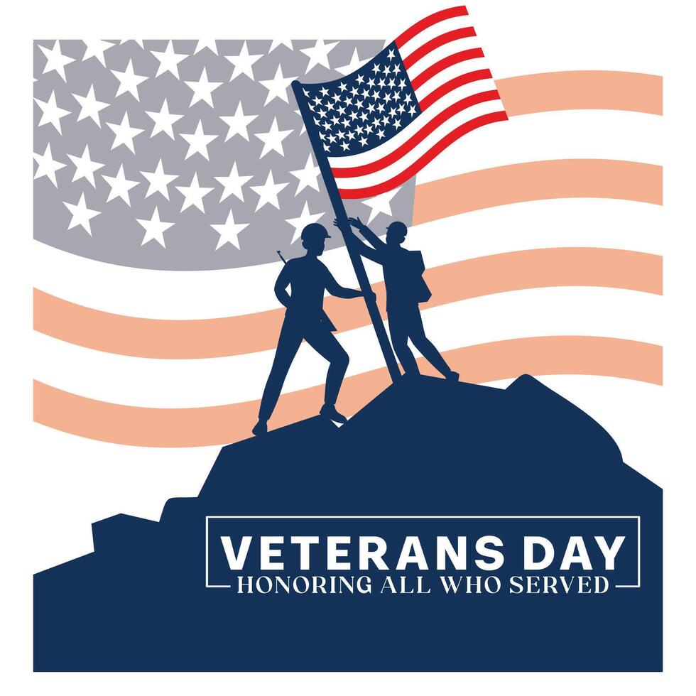 Veterans Day with soldiers holding American flags. Honoring all who have served. Memorial Day concept. Flat illustration. vector