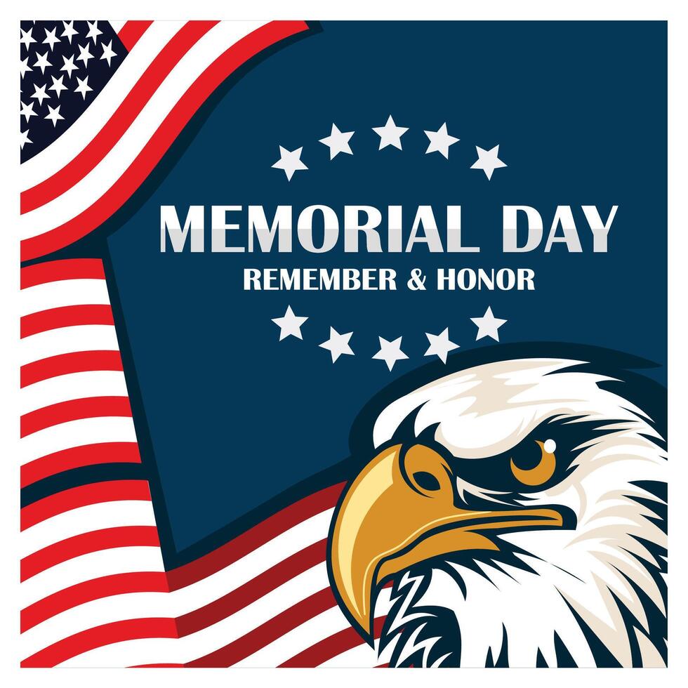 Memorial Day text with American flag and eagle. Celebration for those who have contributed. Memorial Day concept. Flat illustration. vector