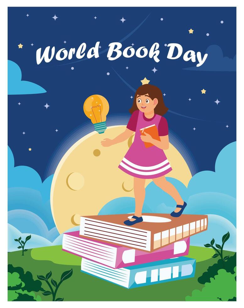 Little girl with a stack of books. Girl reading a book outdoors. World Book Day concept. Flat illustration. vector