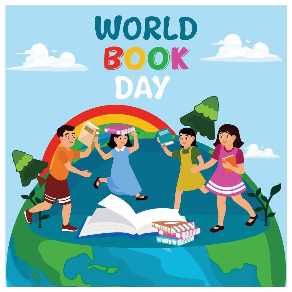 Children play and read books together. Rainbow and blue sky in the background. Happy Book Day concept. Flat illustration. vector
