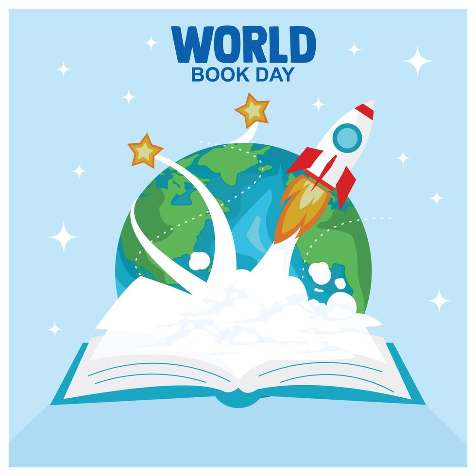 Book and earth with flying rocket. Bright color background. World Book Day concept. Flat illustration. vector