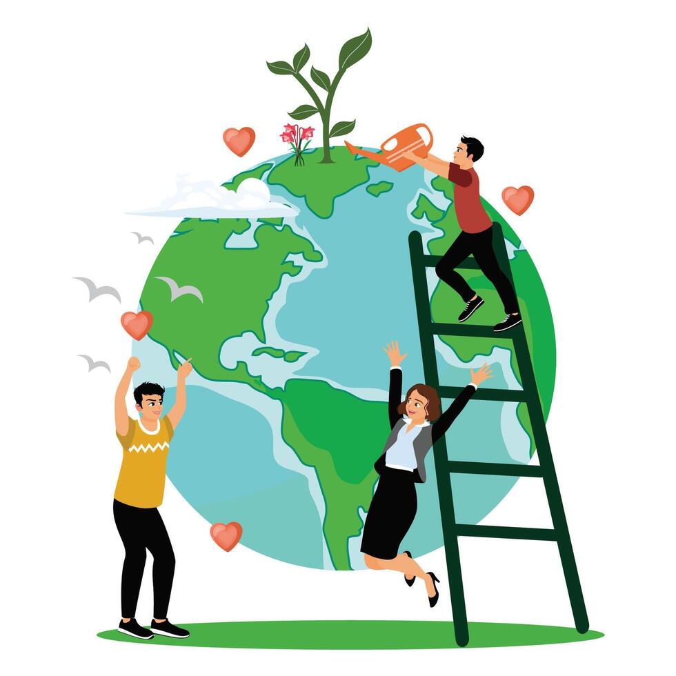 Humans save planet Earth. World Environment Day background. Earth Day concept. Flat illustration. vector