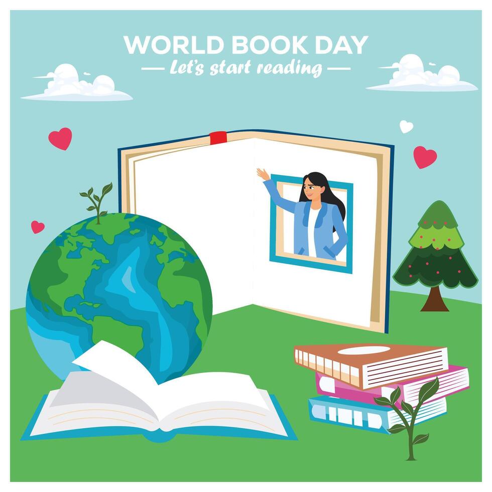A girl waves through a book by a window. Imagination when reading a book. World Book Day concept. Flat illustration. vector