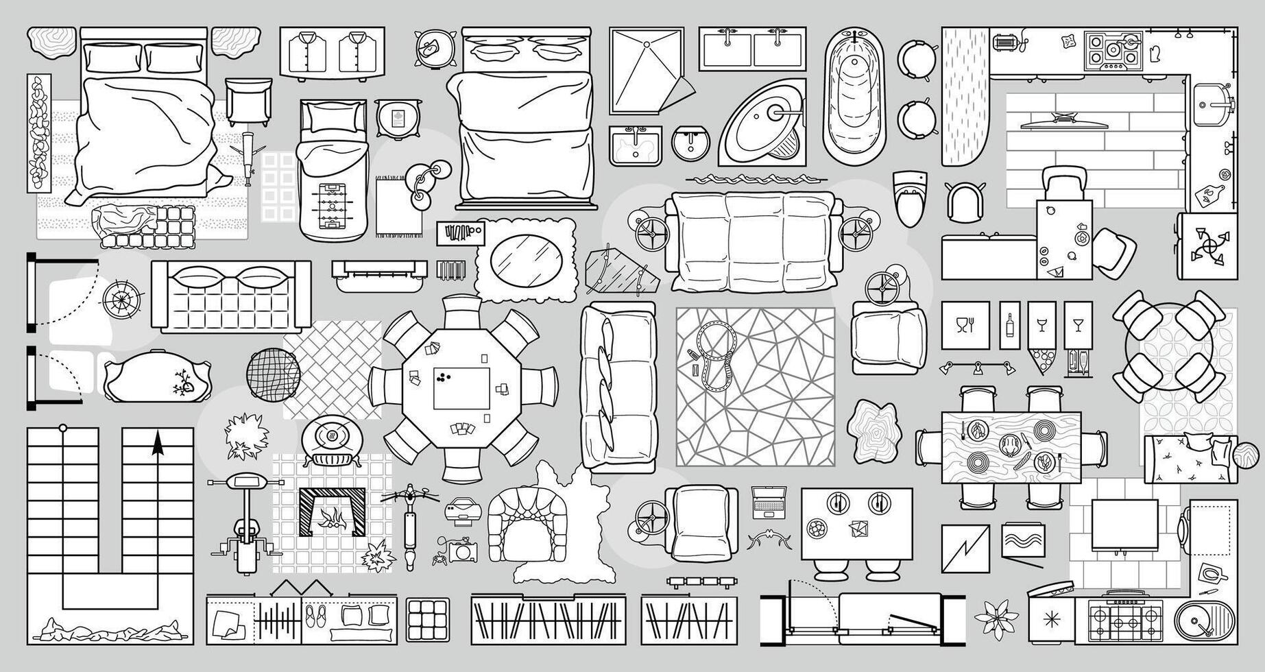 Floor plan icons set for design interior and architectural project view from above. Furniture line icon in top view for layout. Collection for arranging and filling rooms of apartment, house vector