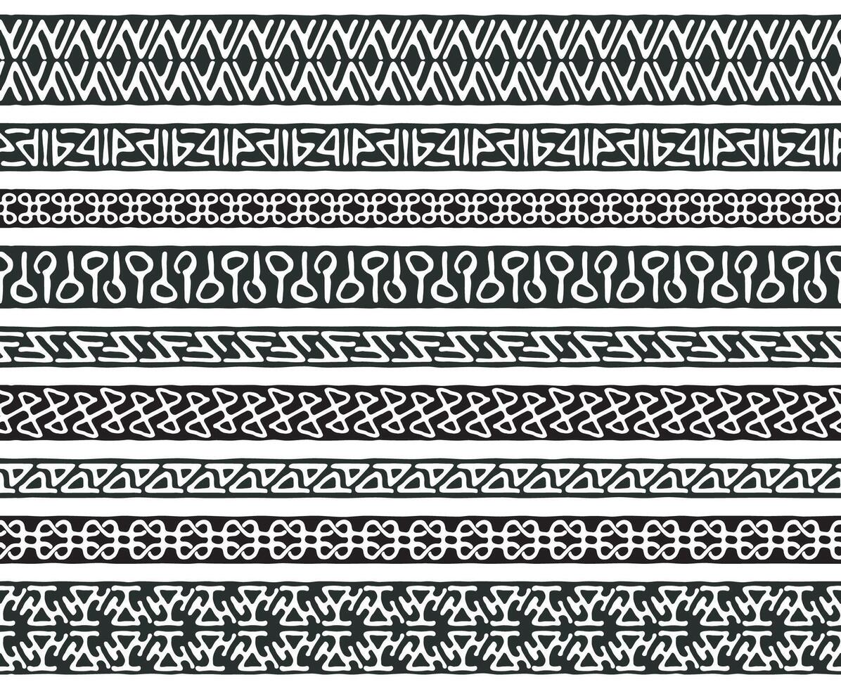 Set of 9 decorative geometric seamless borders in ethnic style. Collection of pattern brushes for frames. Aztec tribal ornaments. Freehand drawing. Black and white design vector