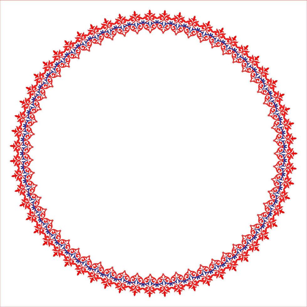 Blue red round Kazakh national pattern frame. Ornamental circle. Ethnic pattern of nomadic peoples, Kyrgyz, Kazakh, Mongols, Bashkirs, Turks. For round surfaces, textiles, ceramics vector