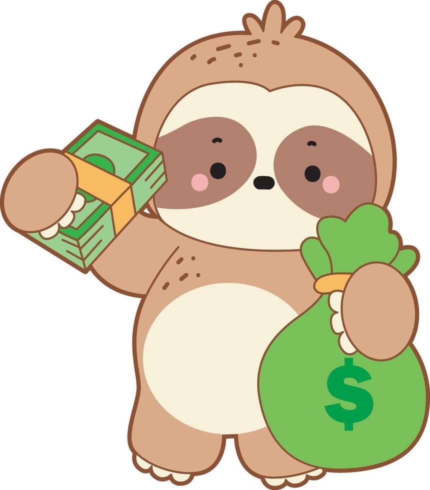 A sloth bring a lot of money. Cute sloth icon. Funny baby sloth animal series stock illustration. Slow life of fluffy sloth designs. vector