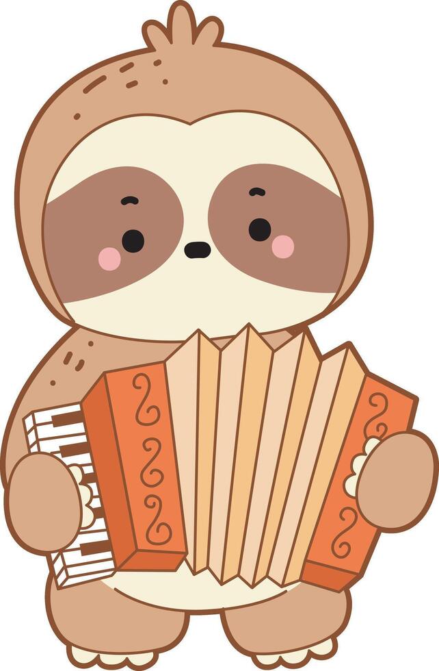 A sloth playing an accordion traditional instrument. Cute sloth icon. Funny baby sloth animal series stock illustration. Slow life of fluffy sloth designs. vector