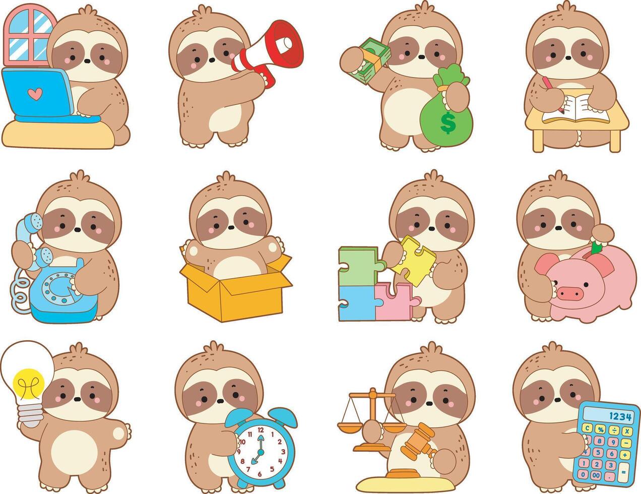 Variation of sloth do study and learning activities. Cute sloth icon. Funny baby sloth animal series stock illustration. Slow life of fluffy sloth designs. vector