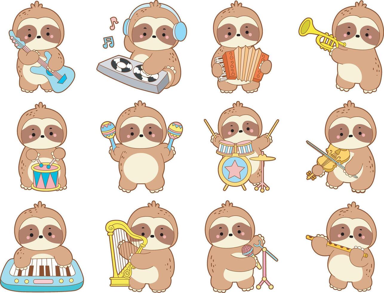 A sloth in the variation of instrument musical. Cute sloth icon. Funny baby sloth animal series stock illustration. Slow life of fluffy sloth designs. vector