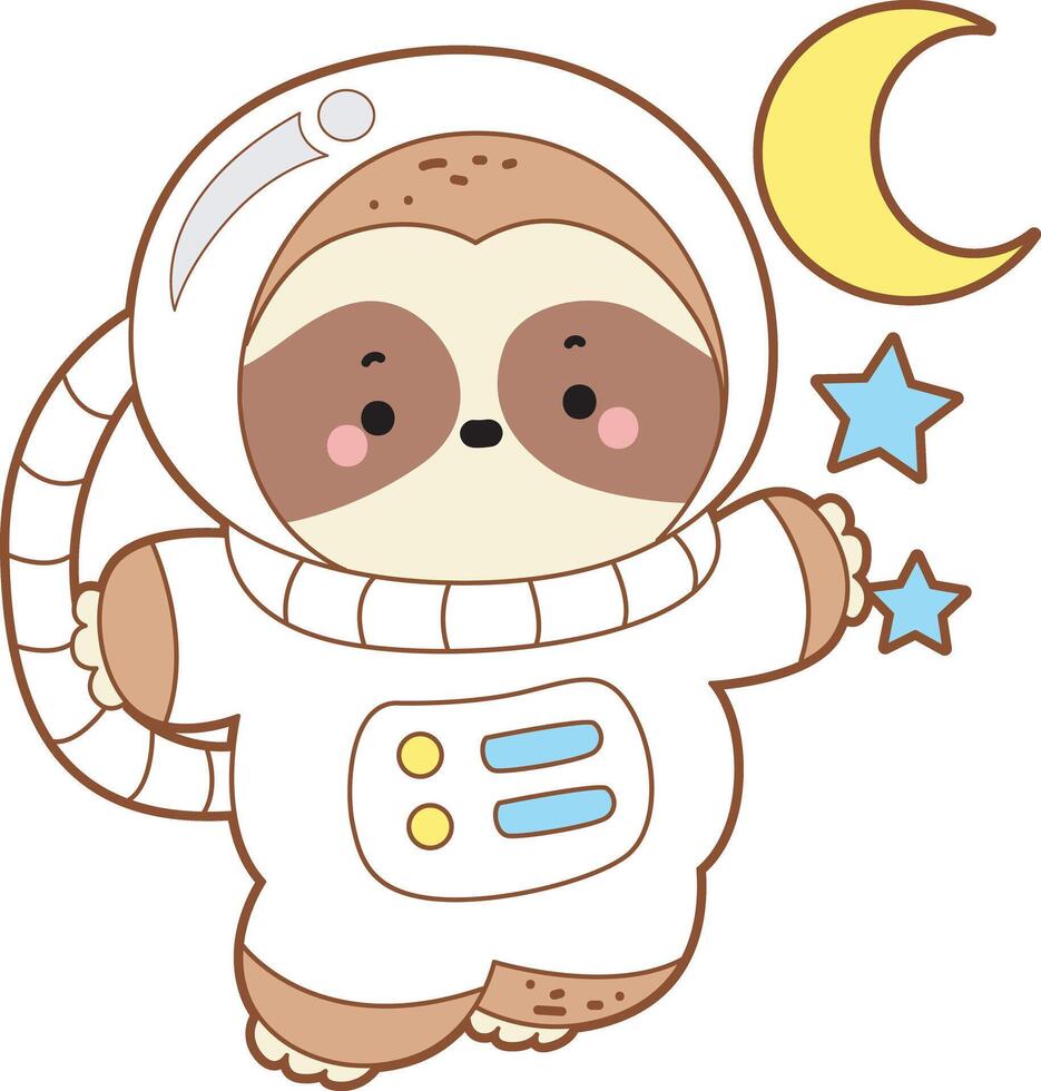A sloth wearing astronaut costume in the sky. Cute sloth icon. Funny baby sloth animal series stock illustration. Slow life of fluffy sloth designs. vector