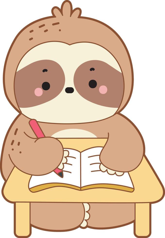 A sloth study in the table. Cute sloth icon. Funny baby sloth animal series stock illustration. Slow life of fluffy sloth designs. vector