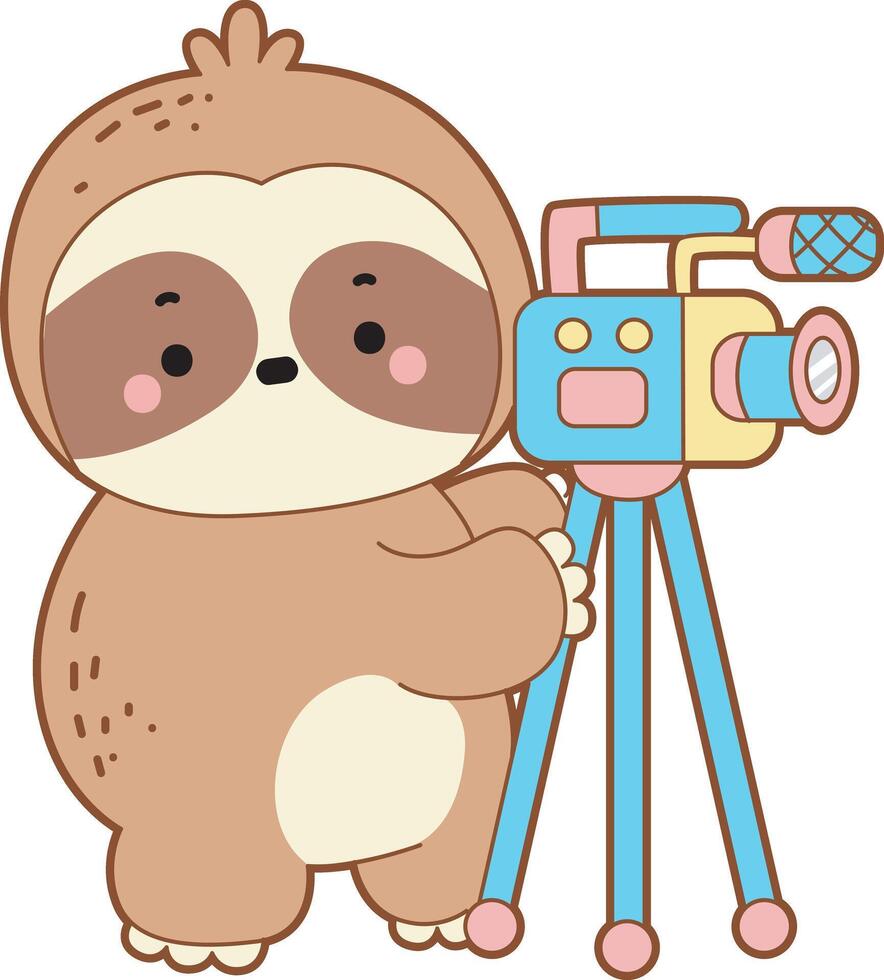 A sloth making with camera. Cute sloth icon. Funny baby sloth animal series stock illustration. Slow life of fluffy sloth designs. vector