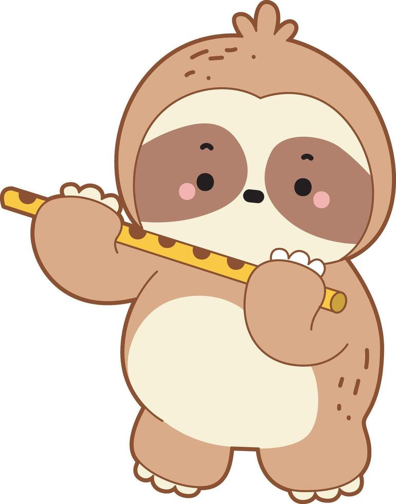 A sloth playing a flute instrument. Cute sloth icon. Funny baby sloth animal series stock illustration. Slow life of fluffy sloth designs. vector