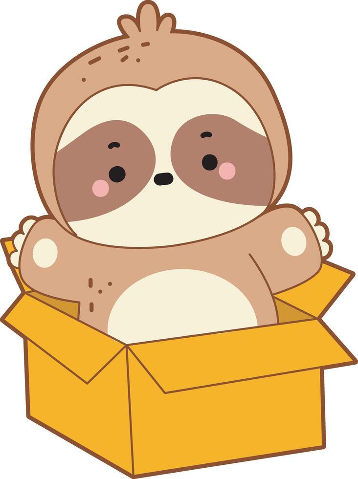A sloth in the box. Cute sloth icon. Funny baby sloth animal series stock illustration. Slow life of fluffy sloth designs. vector