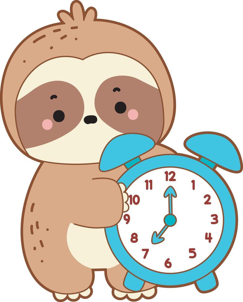 A sloth bring an alarm clock. Cute sloth icon. Funny baby sloth animal series stock illustration. Slow life of fluffy sloth designs. vector