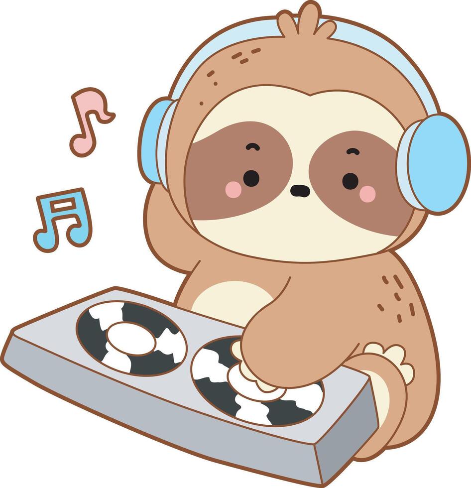 A sloth playing a disc in the clubbing. Cute sloth icon. Funny baby sloth animal series stock illustration. Slow life of fluffy sloth designs. vector