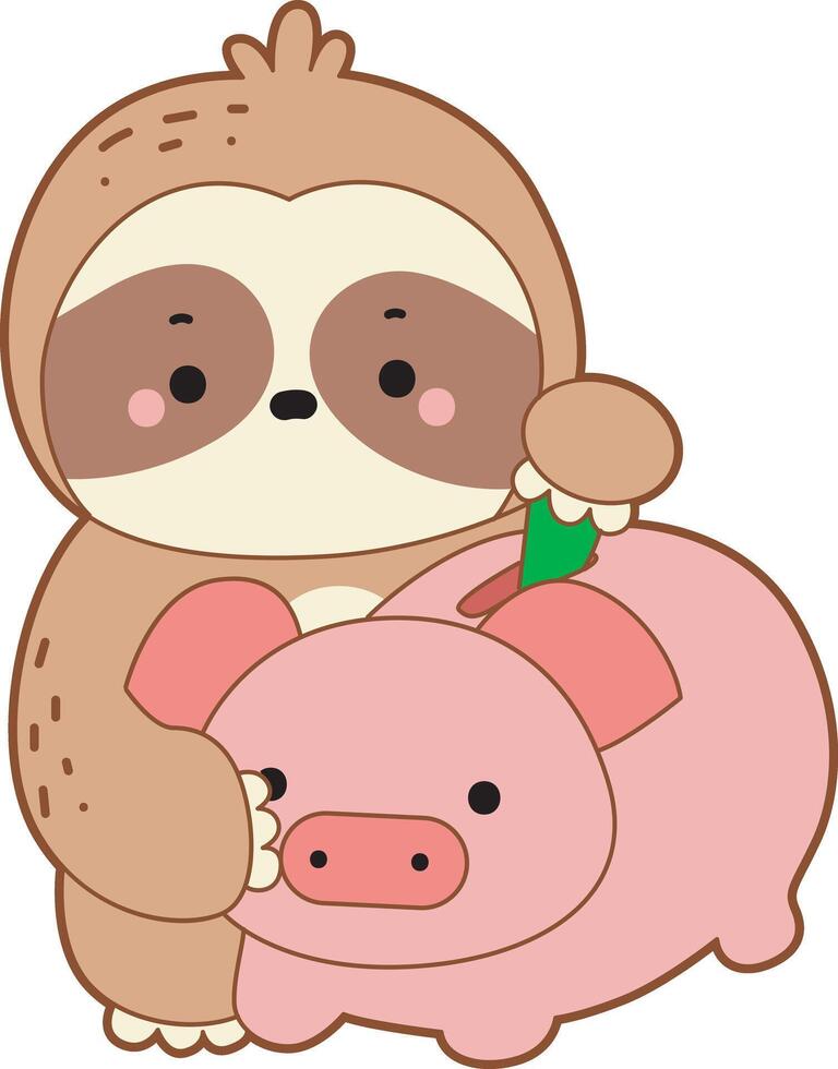 A sloth saving money in the piggy bank. Cute sloth icon. Funny baby sloth animal series stock illustration. Slow life of fluffy sloth designs. vector