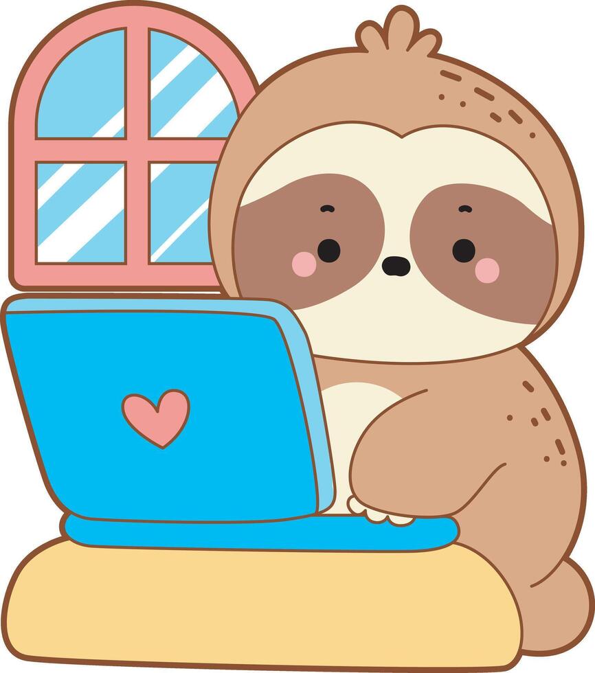 A sloth do homework in the notepad. Cute sloth icon. Funny baby sloth animal series stock illustration. Slow life of fluffy sloth designs. vector