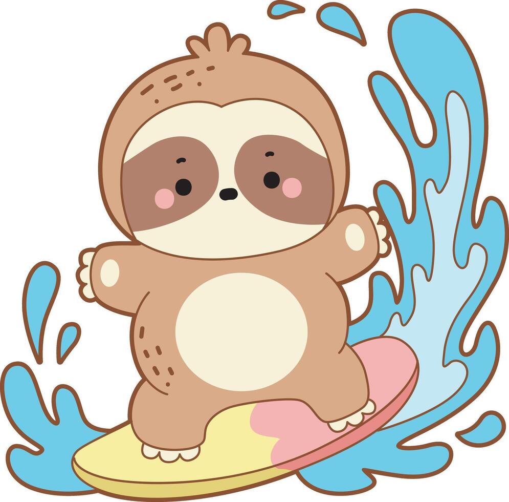 A sloth playing a surfing in the wave. Cute sloth icon. Funny baby sloth animal series stock illustration. Slow life of fluffy sloth designs. vector