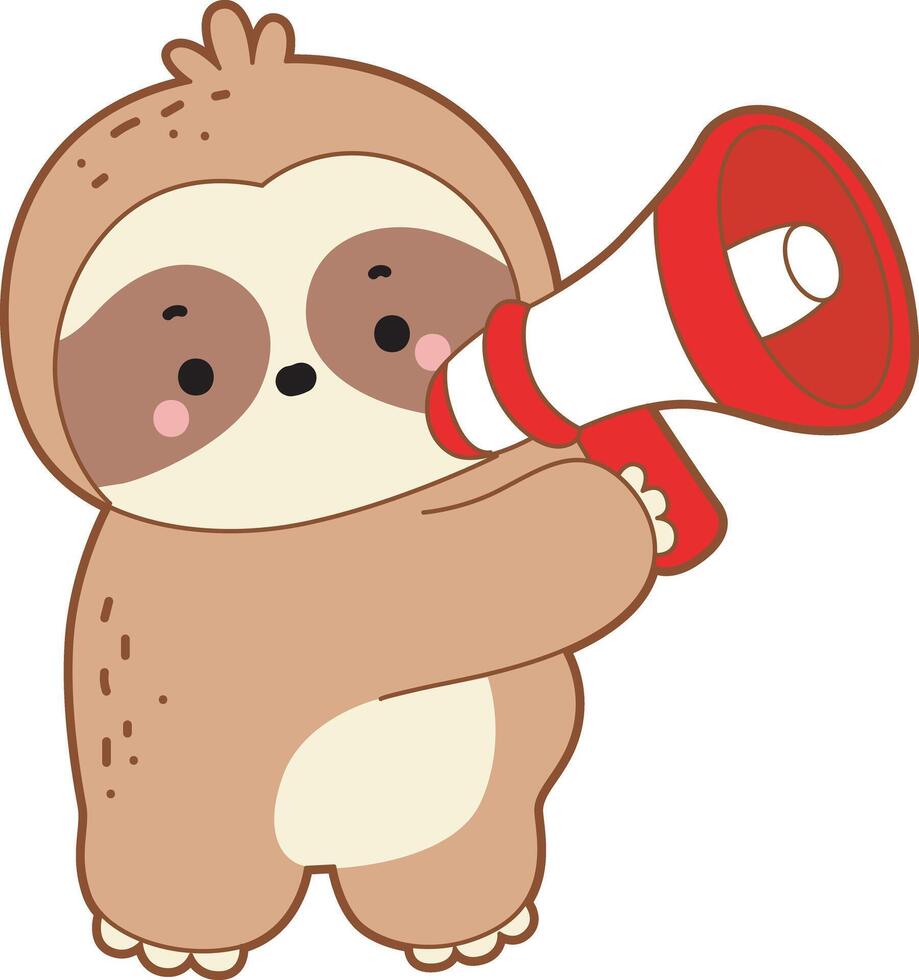 A sloth bring a loudspeaker. Cute sloth icon. Funny baby sloth animal series stock illustration. Slow life of fluffy sloth designs. vector
