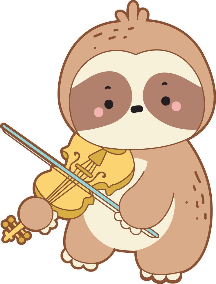 A sloth playing a violin. Cute sloth icon. Funny baby sloth animal series stock illustration. Slow life of fluffy sloth designs. vector