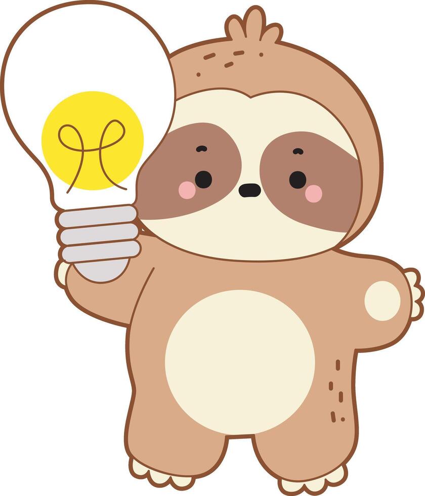 A sloth bring a bulb of lamp. Cute sloth icon. Funny baby sloth animal series stock illustration. Slow life of fluffy sloth designs. vector