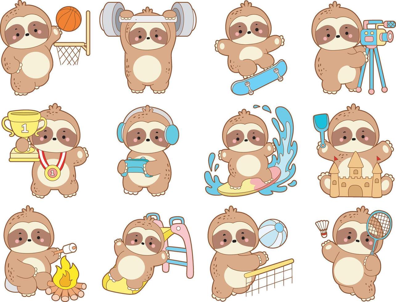 Sport and move variation by a cute sloth. Cute sloth icon. Funny baby sloth animal series stock illustration. Slow life of fluffy sloth designs. vector