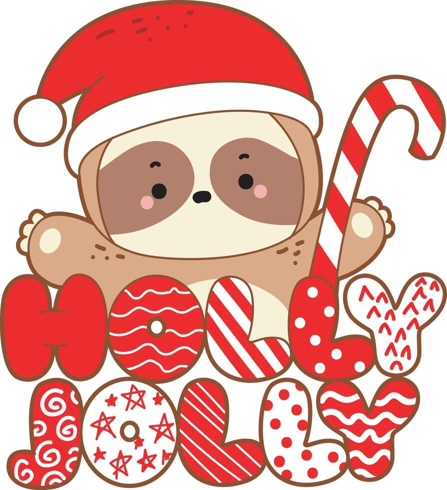 A holly jolly text with baby santa sloth. Cute sloth christmas version. Funny baby sloth animal series christmas illustration. vector