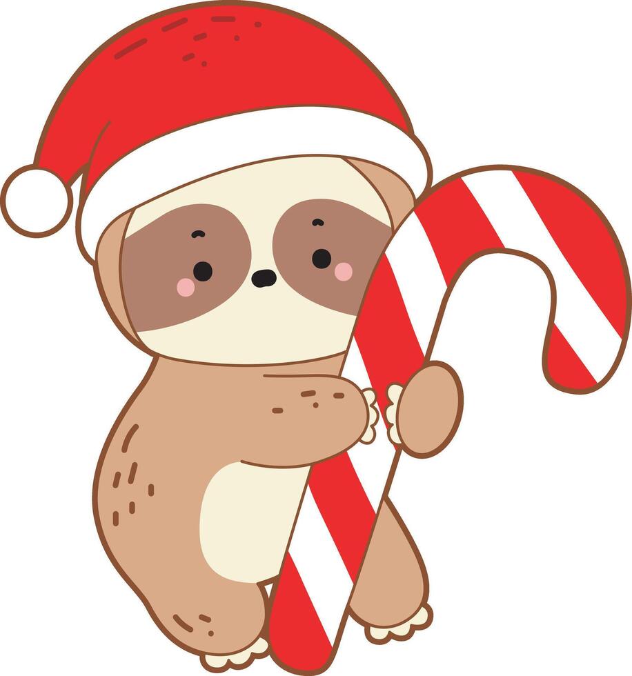 A abby sloth hugging a santa sticks. Cute sloth christmas version. Funny baby sloth animal series christmas illustration. vector