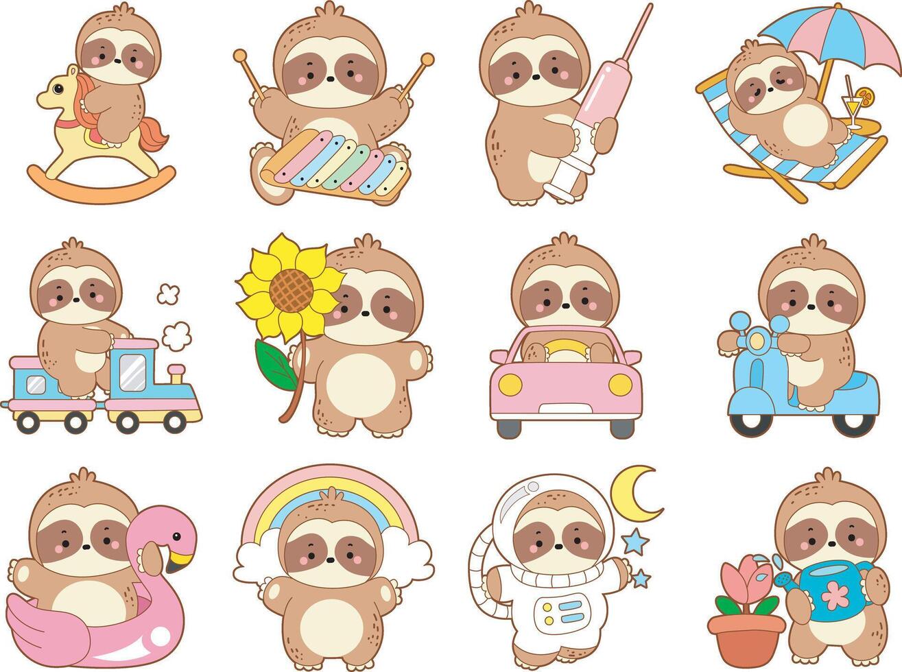 Variation transportation and other of Sloth. Cute sloth icon. Funny baby sloth animal series stock illustration. Slow life of fluffy sloth designs. vector