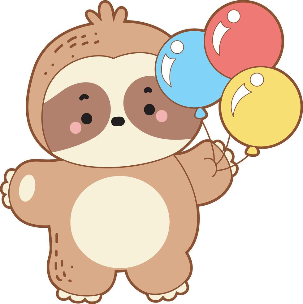 A sloth bring a three balloons. Cute sloth icon. Funny baby sloth animal series stock illustration. Slow life of fluffy sloth designs. vector