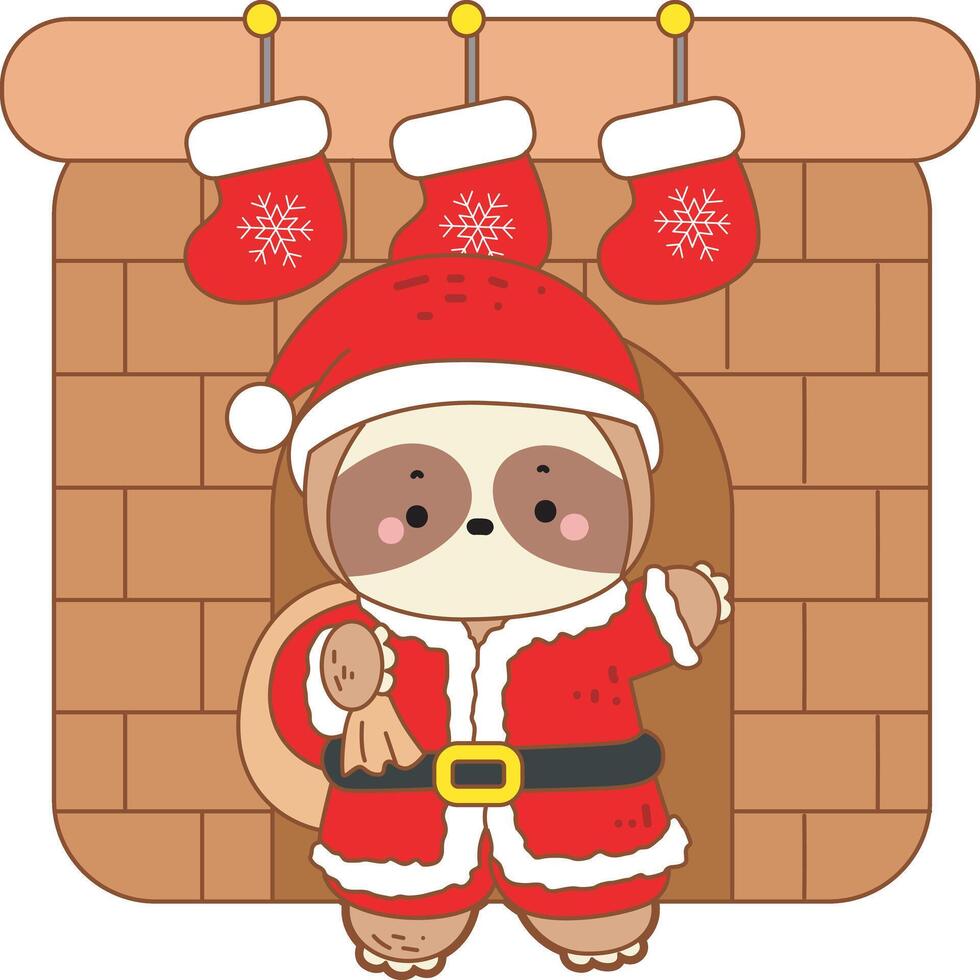 A santa sloth arrive in the fireplace. Cute sloth christmas version. Funny baby sloth animal series christmas illustration. vector