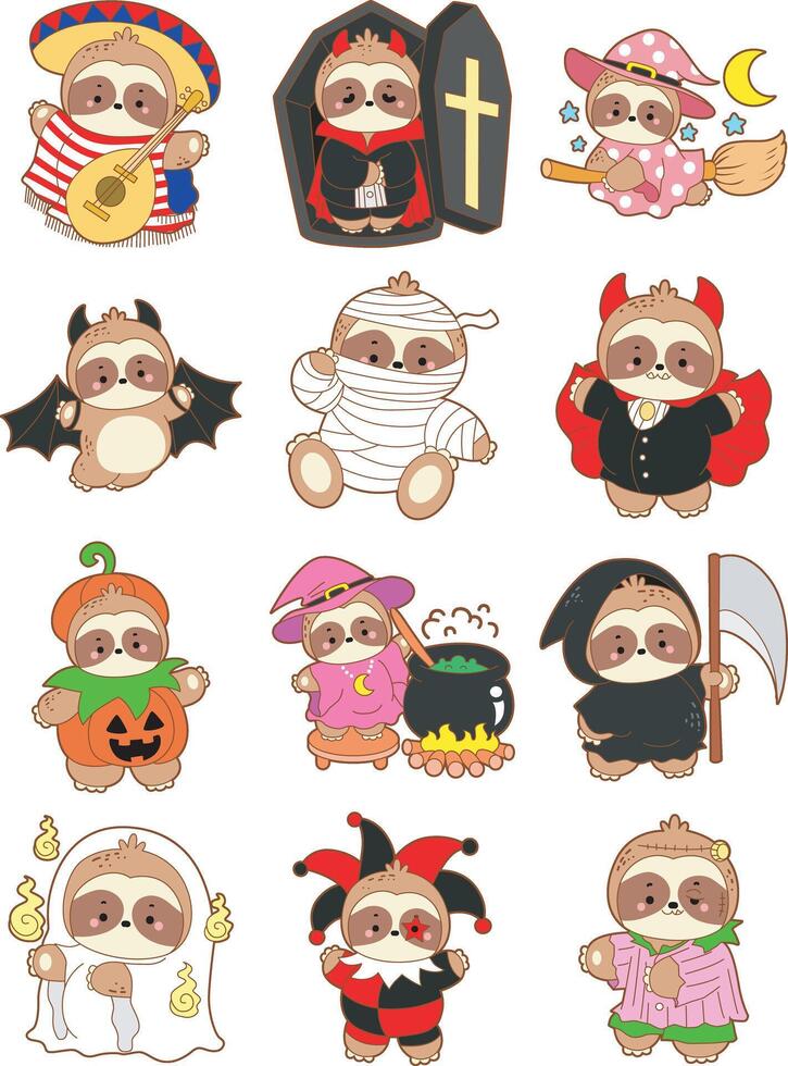Variation of halloween elements with sloth character. Cute sloth halloween version. Funny baby sloth animal series halloween illustration. vector